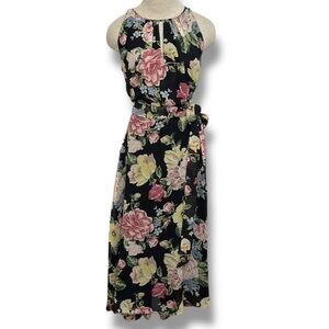 Tahari Women's Size 12 Large Floral Sleeveless Belted Maxi Dress Black and Pink